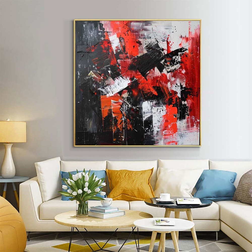 Hand Painted Abstract Oil Painting On Canvas Modern Abstract Wall Art Black Red