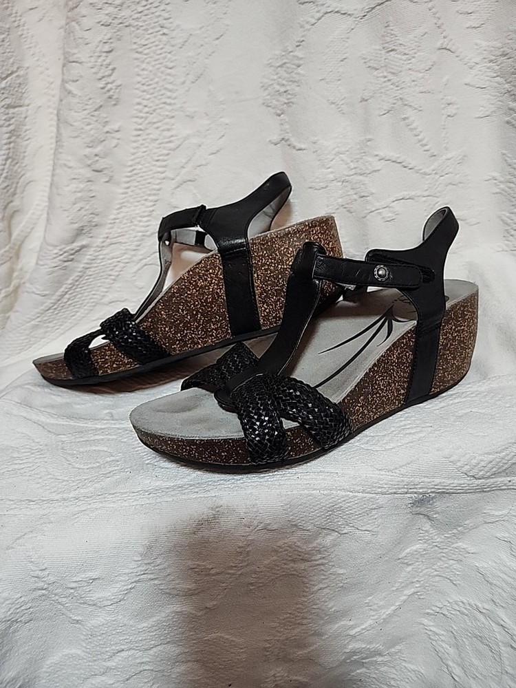Womens Abeo Biosystem Black Leather Adjustable Wedge Sandals Size 9N EUC