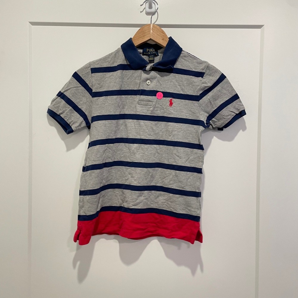 Polo Ralph Lauren Boys Gray Blue Striped Short Sleeve Polo Shirt Size M 10-12