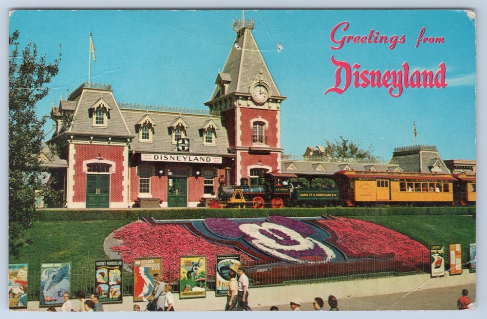 CA Anaheim Disneyland Depot Santa Fe Train Floral Mickey c1963 Chrome Postcard