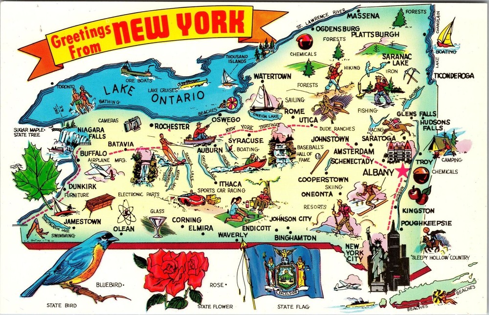 NY-New York, Scenic Landmark Map Greetings, Vintage Postcard