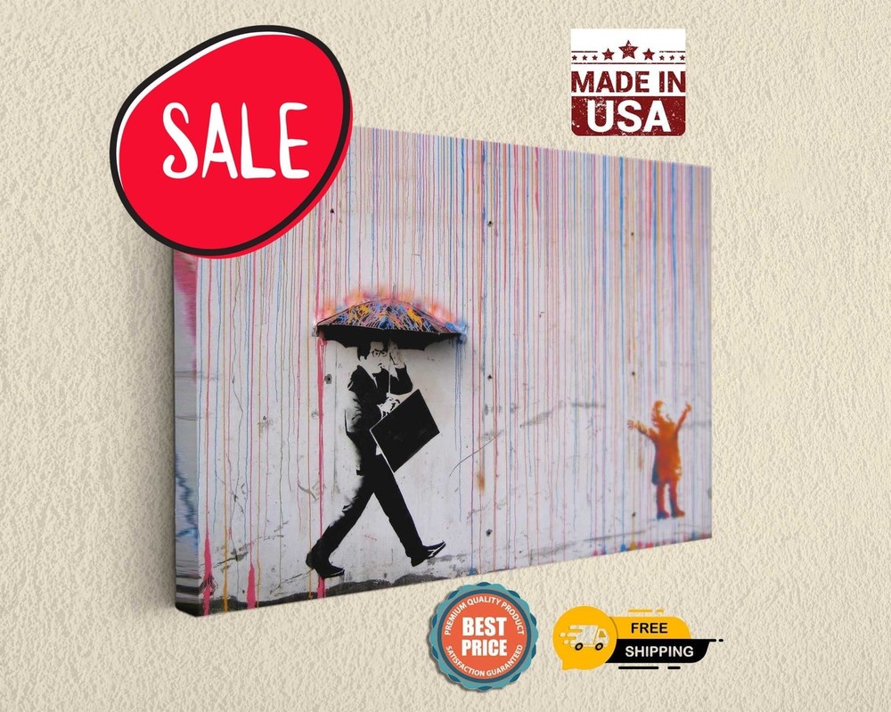 Banksy Colored Rain - Canvas Ready To Hang Wall Art Canvas Print Home Decor