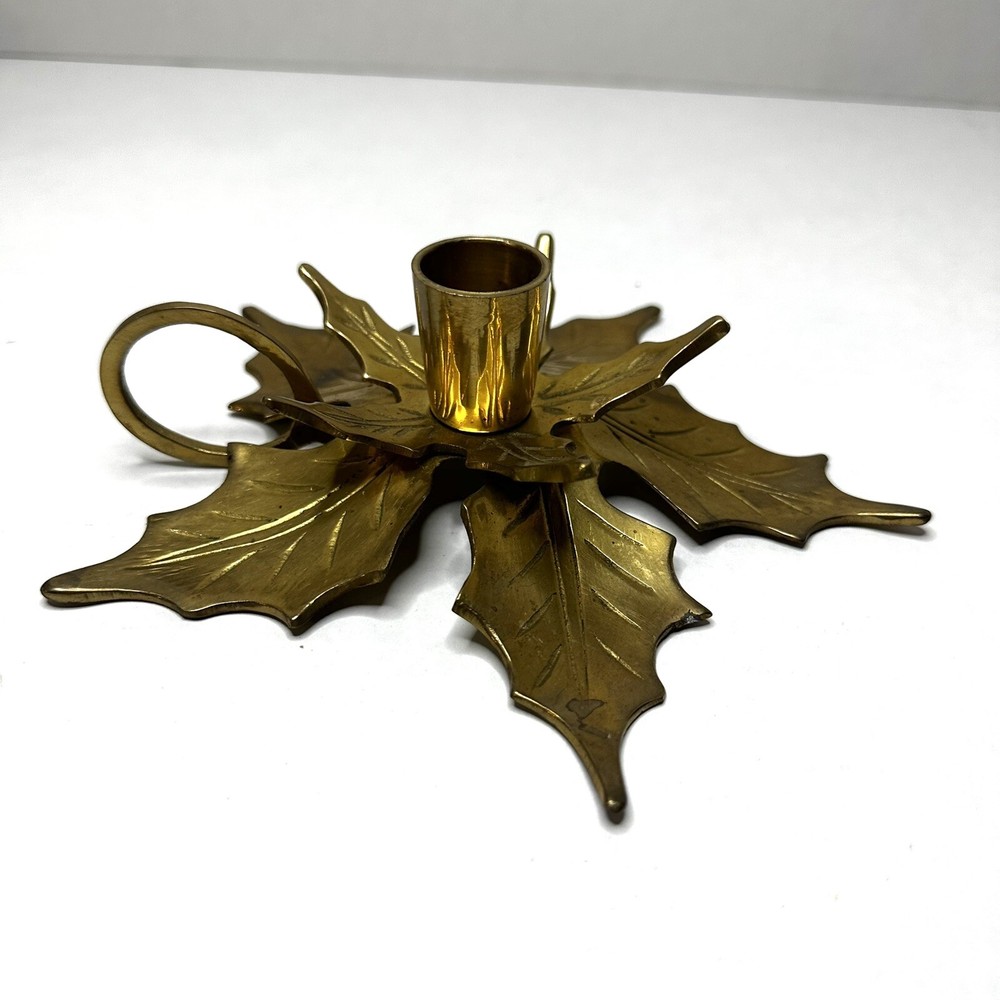 VTG Solid Brass Tapered Candlestick Holder Holly Leaves Christmas Made In India
