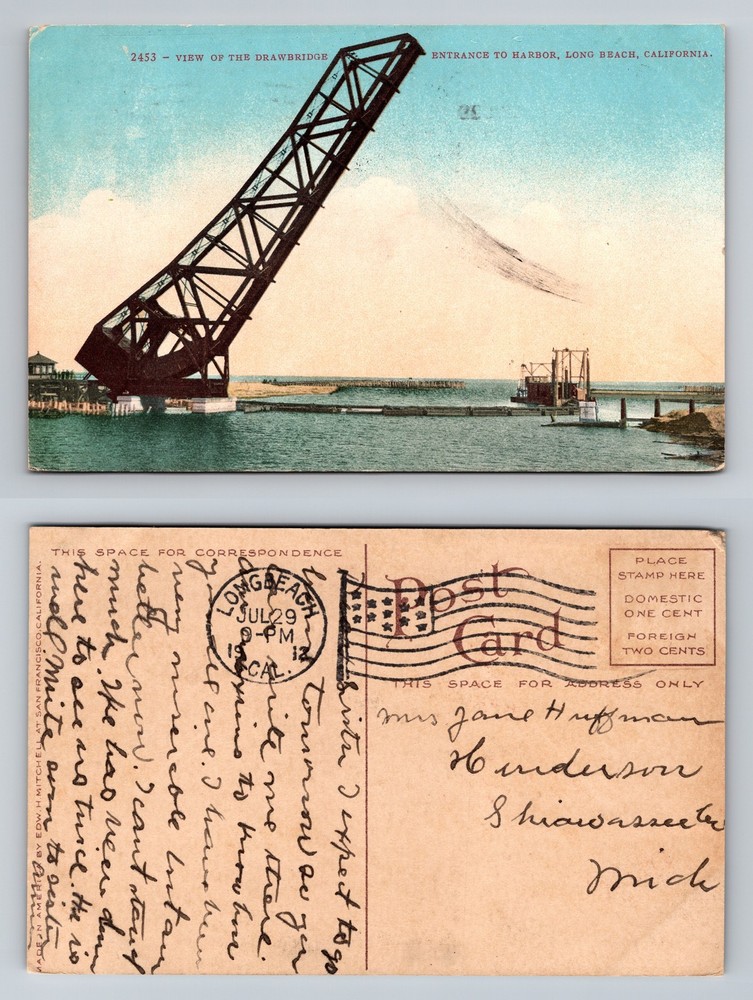Long Beach, CA-California Harbor Entrance Drawbridge View Vintage c1912 Postcard