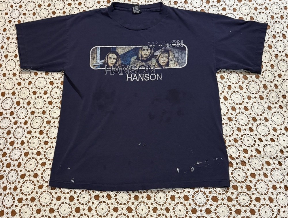 Vintage 90s Hanson Pop Rock Band Shirt XL Blue Worn Thrashed