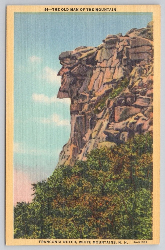 Old Man of the Mountain Franconia Notch NH White Mountains Linen Postcard 1933