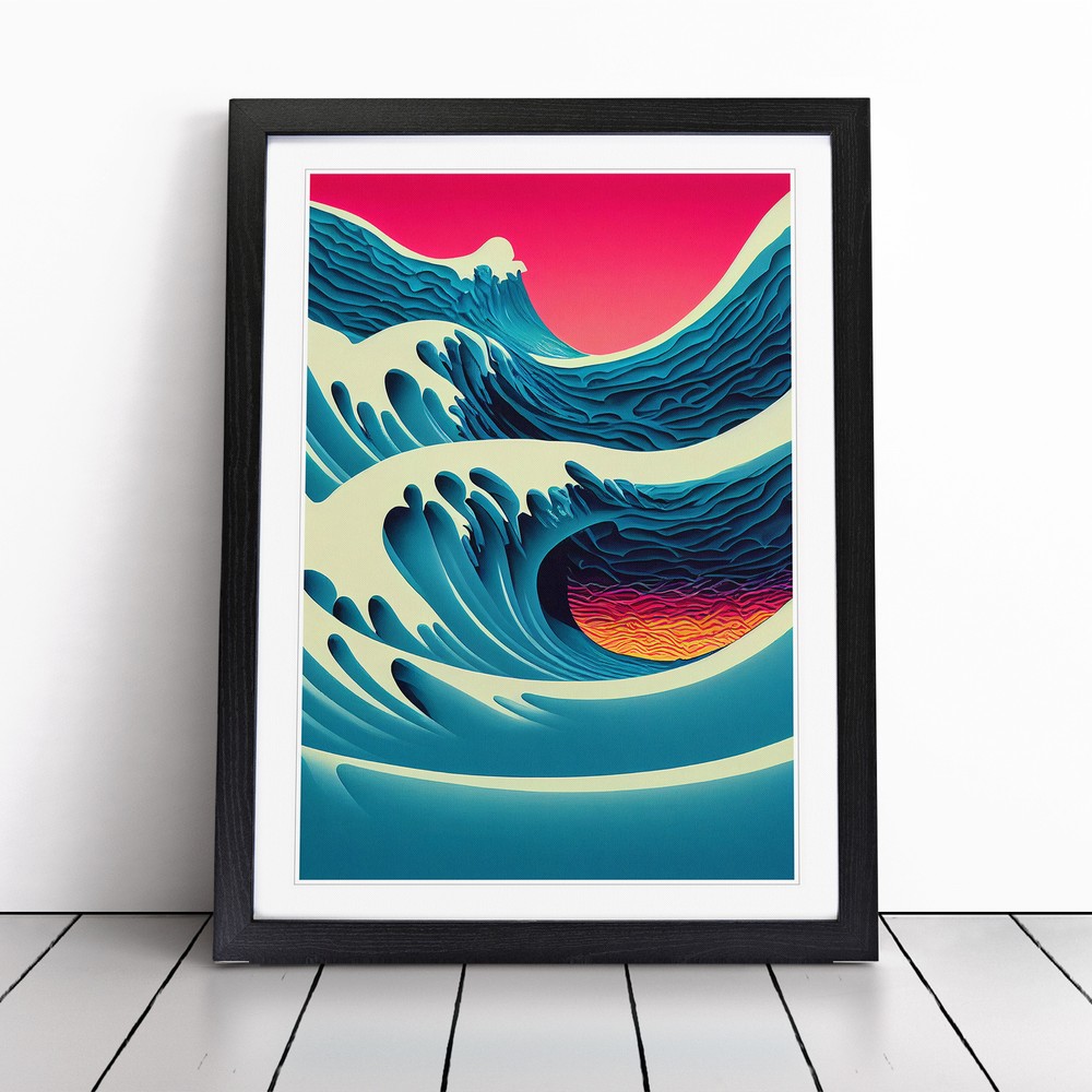 Sunset Ocean Wave Illustration No.1 Wall Art Print Framed Canvas Picture Poster