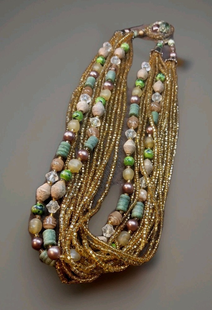 Vintage Signed Japan 14 Strand Glass And Wood Bead Necklace