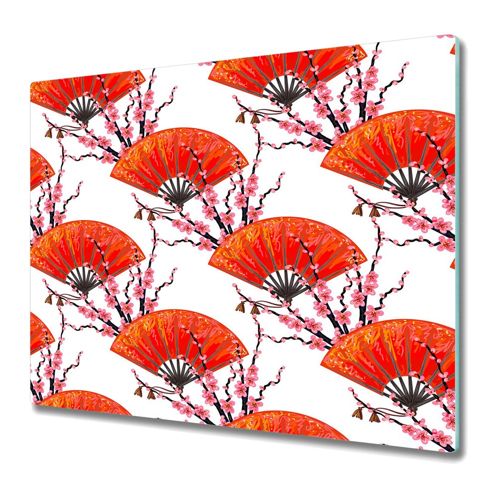 Tempered Glass Worktop Saver Hand fan sakura red and pink art 60x52