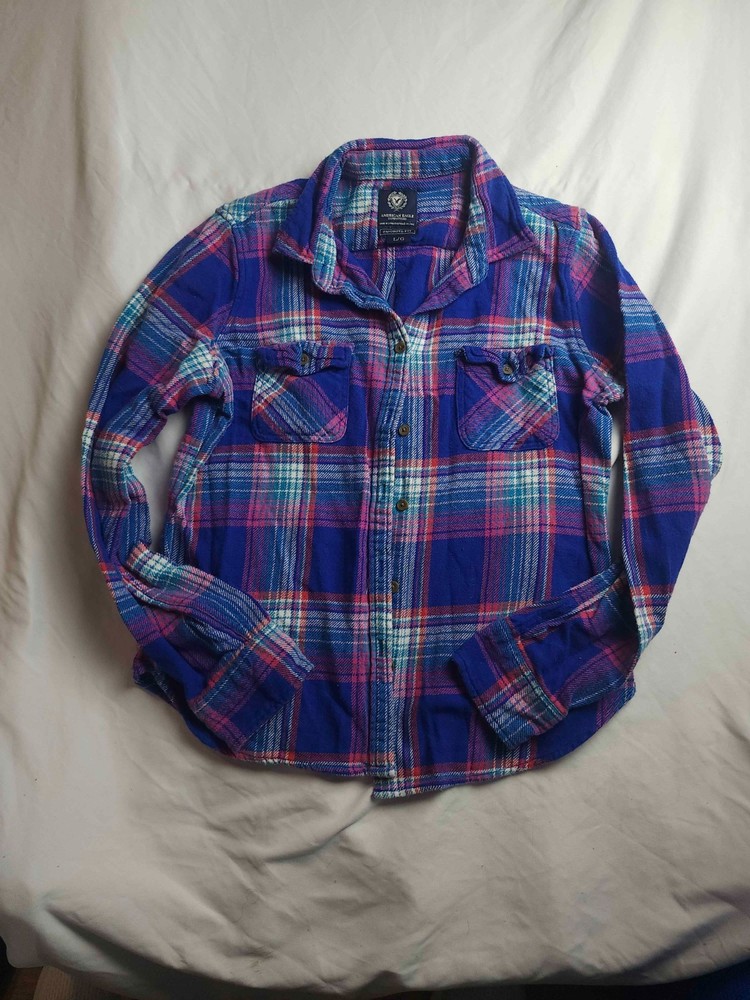 American Eagle Shirt Womens Large Blue Plaid Flannel Button Up Favorite Fit