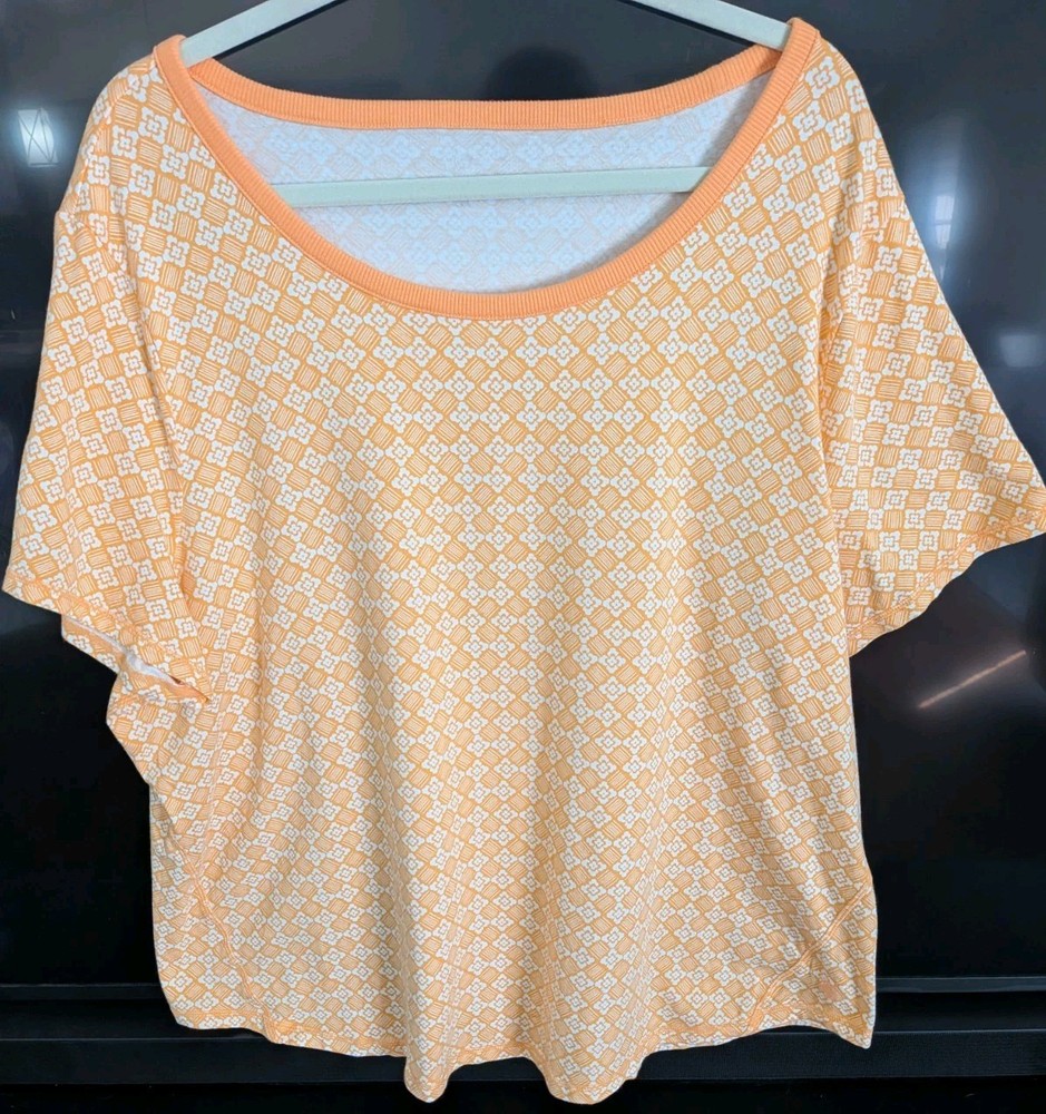 EUC T by Talbots Women 3X Plus Orange White Geometric Scoop Neck Dolman Tee