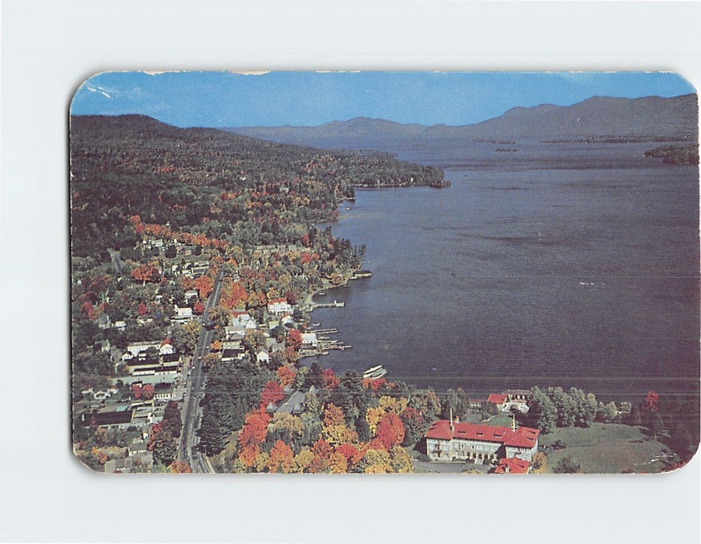 Postcard Aerial View Lake George Village New York USA