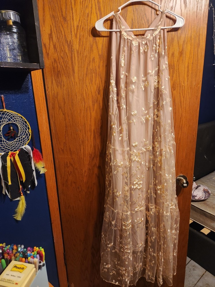 Women’s XL Beige Sheer Embroidered Floral Sleeveless Lined Long Maxi Dress