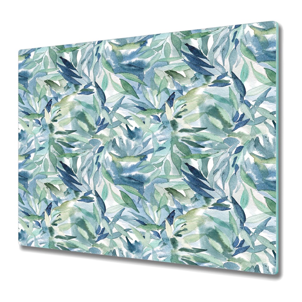 Tempered Glass Induction Ceramic Hob Cover Blue floral Pastel Leaves 60x52