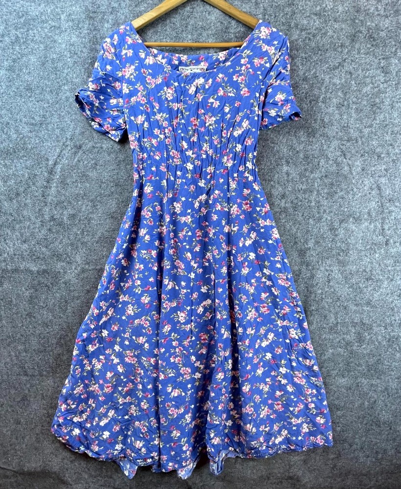 Vintage Jonathan Martin Dress Womens 11/12 Blue Floral Pleated Country Lace Up