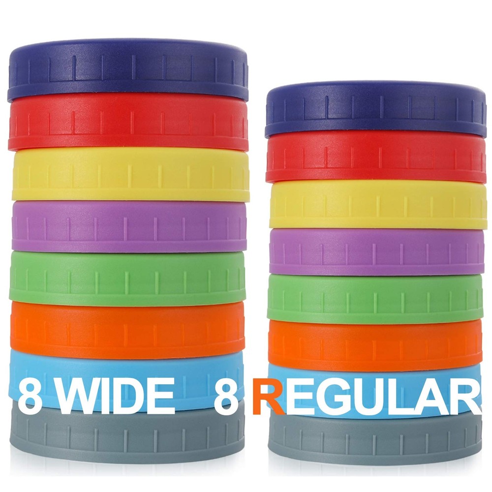 AOZITA 16 Pack Plastic Mason Jar Lids Fits Ball, Kerr & More - 8 Wide 8W & 8R
