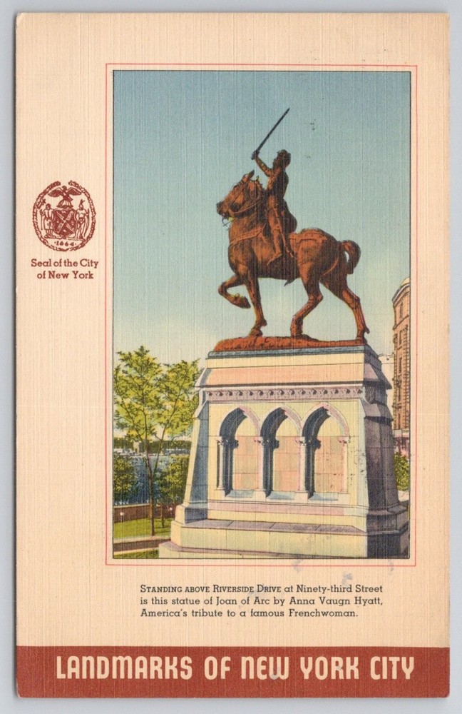 1943 Joan of Arc Statue Riverside Drive NYC New York Linen Postcard Posted