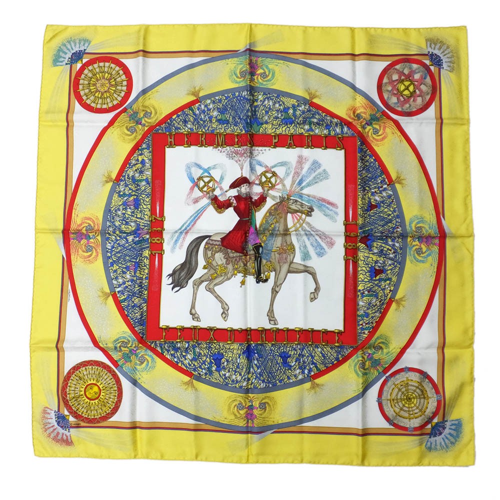Hermes Carre 90 FEUX D ARTIFICE Flame of Craftsmanship Scarf Yellow 100% Silk
