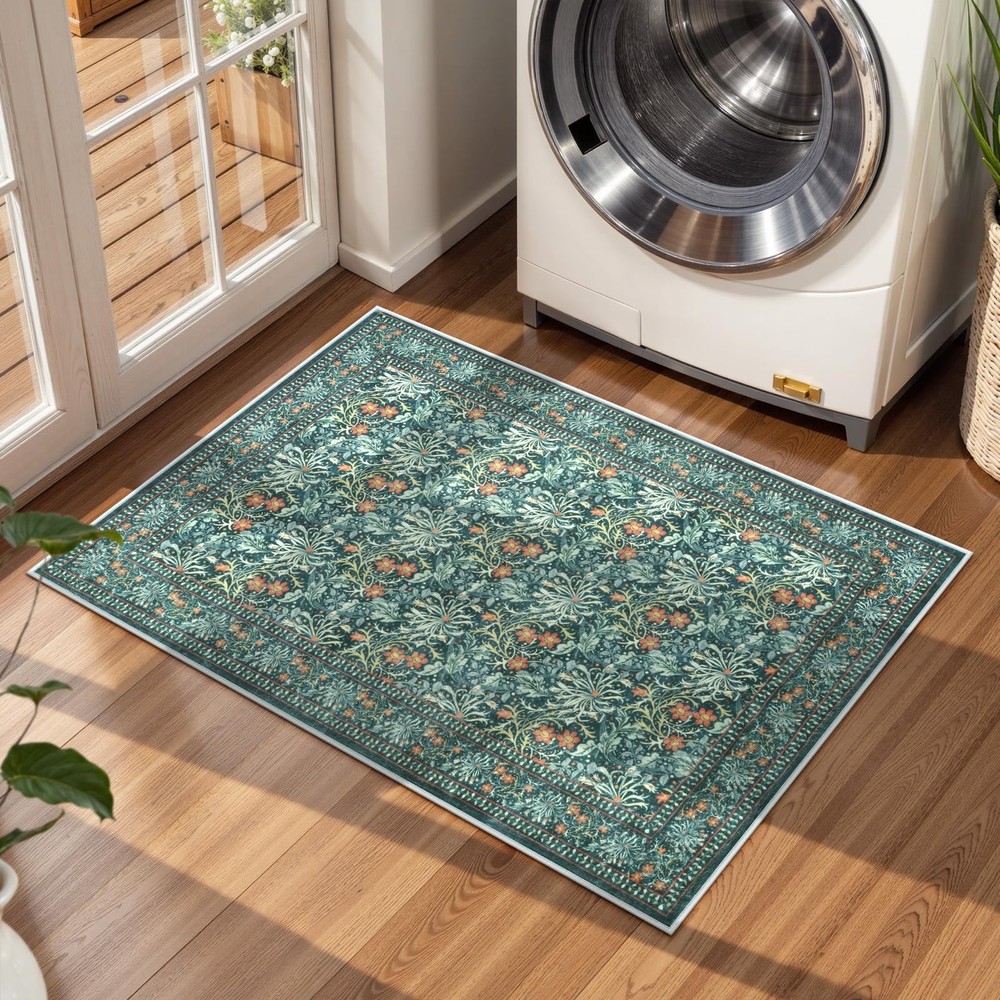Botanical Floral Entryway Rug, 2x3 Washable Kitchen Rugs Non Slip, Indoor Sof...
