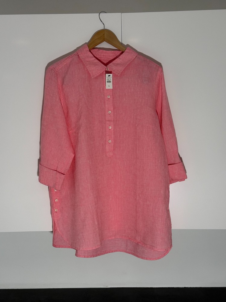 Talbots XL Coral Pink 100% Linen Popover Tunic Side Button Roll Tab Sleeve NWT