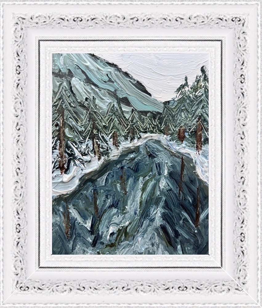 Framed Original Frozen Lake View In Winter Mountain Oil Painting Snowy Coastline