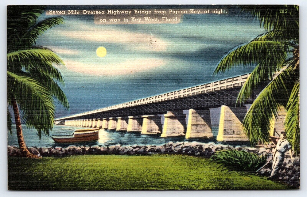 Pigeon Key Florida Seven Mile Oversea Highway Bridge Moon Boat Vintage Postcard