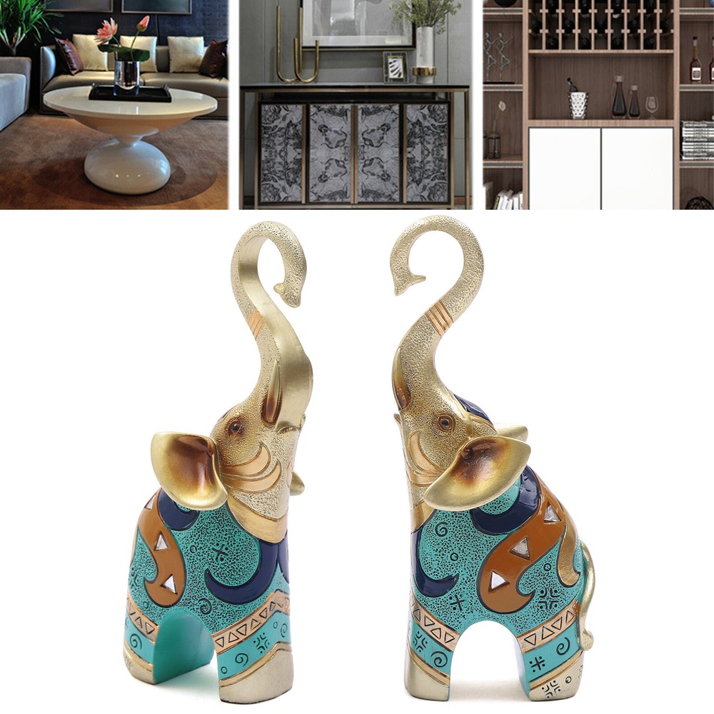 2 PCS Feng Shui Pair of Resin Elephant Statue Lucky Figurine Gift Home Decor New