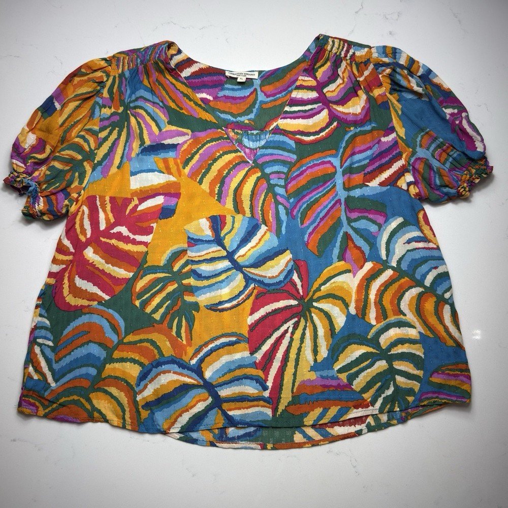 Christian Siriano Multicolor Leaf Print Puff Sleeve Blouse Women’s Size XL