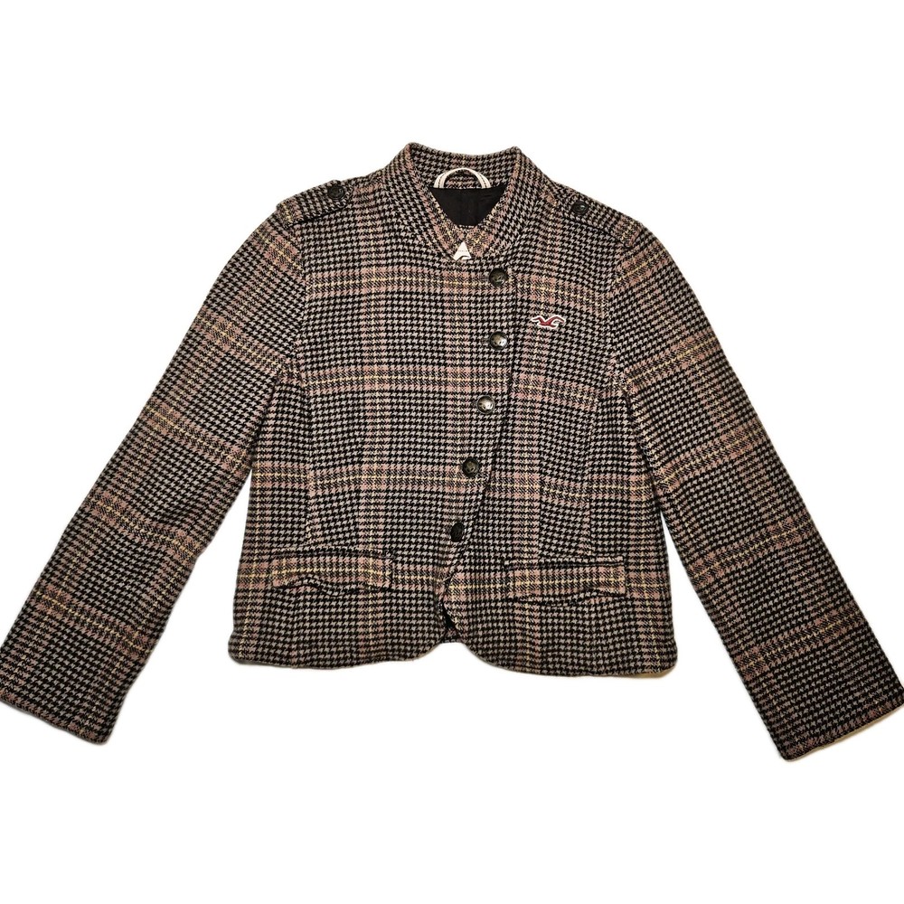 Hollister Women's Vintage Wool Jacket Brown Houndstooth Plaid W/ Y2K Logo Sz.M