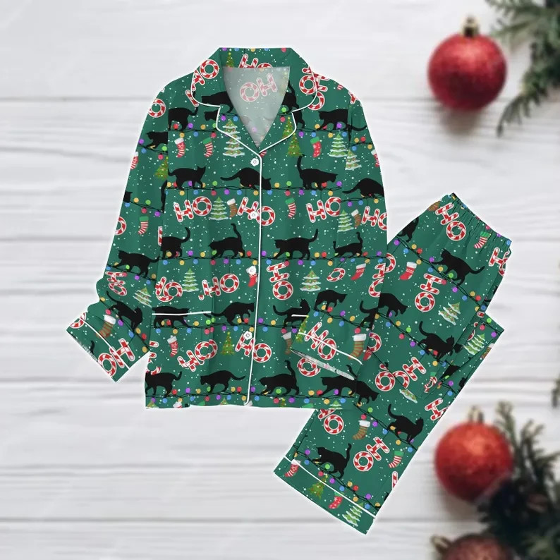 Christmas Cat Print Women Sleepwear | Festive Green Tree Candy Holiday Outfit