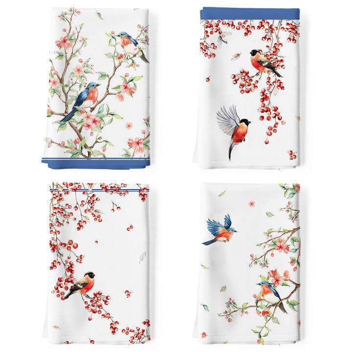 Watercolor Bird Floral Cotton Tea Towels Quick Drying 18x28 Inch Kitchen Towel