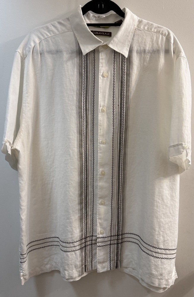 Cubavera Guayabera Shirt Mens XL White Linen Embroidered Short Sleeve Luxury