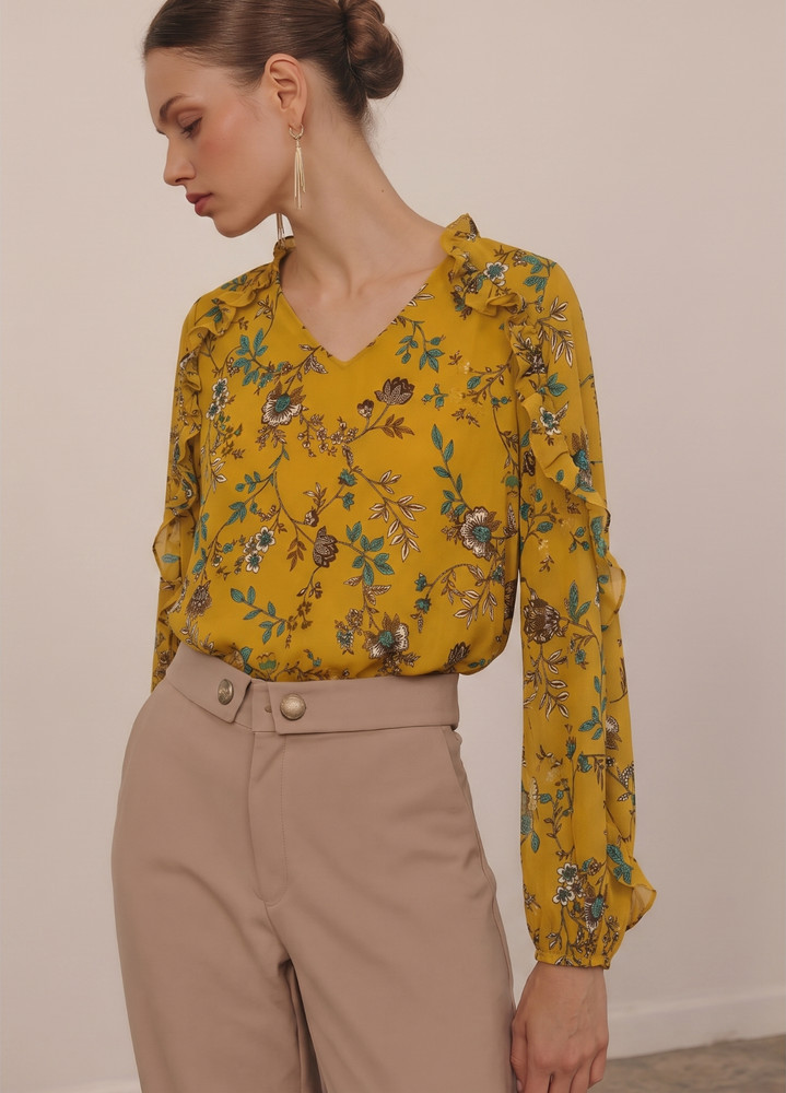 NWOT Calvin Klein Women’s Mustard Floral Smocked Shoulder Boho Blouse Size S