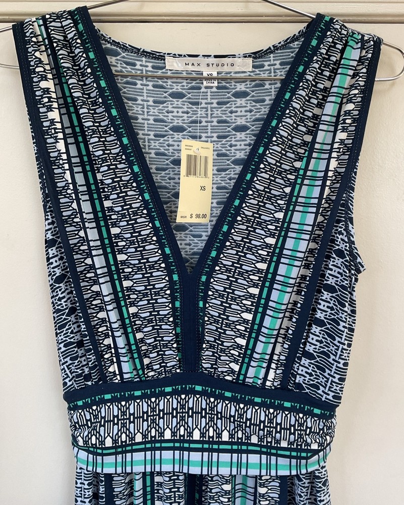 NEW NWT $98 MAX STUDIO Blue Geometric Stretch Maxi Boho Womens Size XS Dress