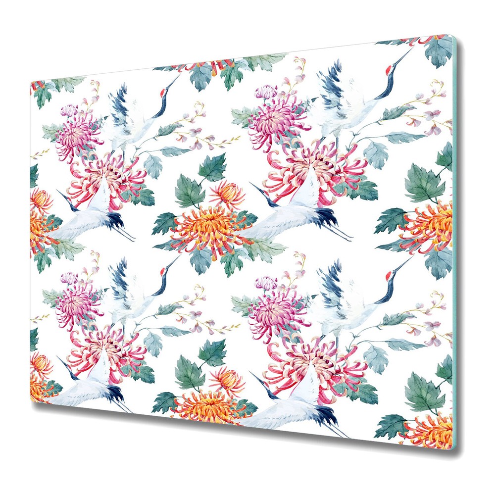 Glass Kitchen Chopping Board Floral Crane Birds Floral Tropical 60x52