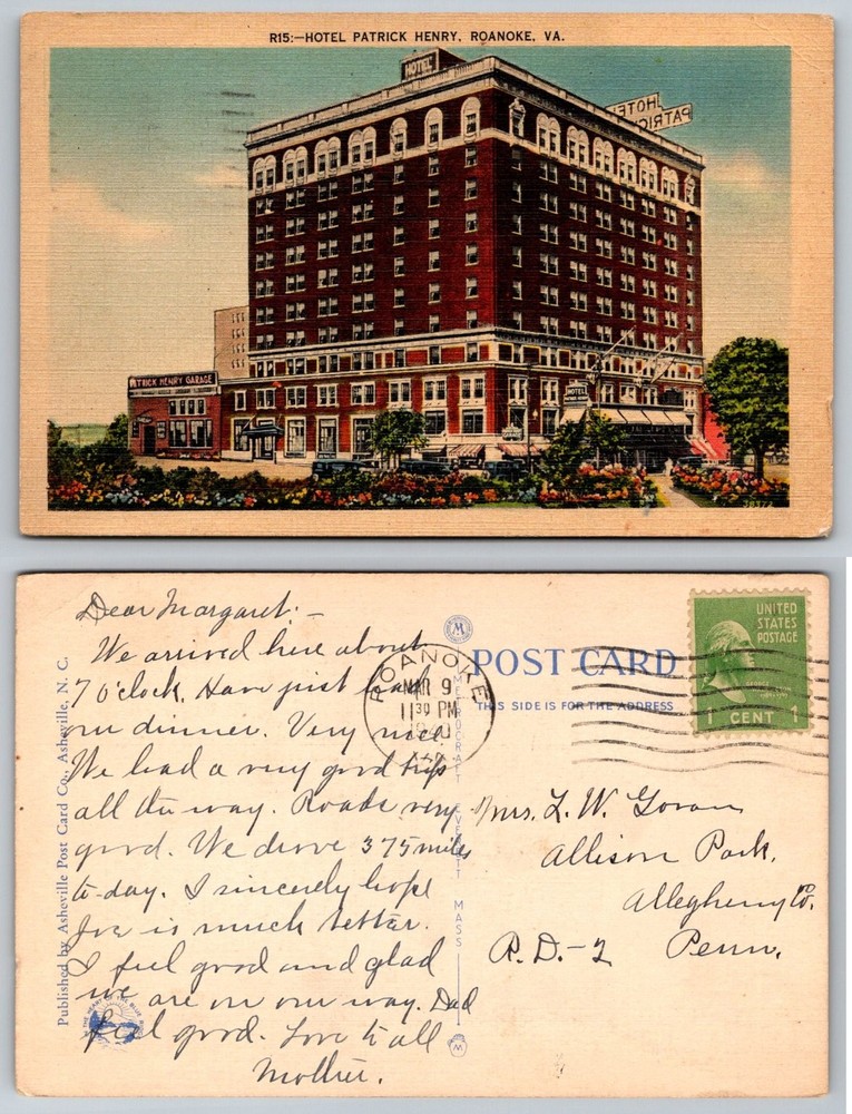 Hotel Patrick Henry Roanoke VA Linen Postcard 1930s Asheville Post Card