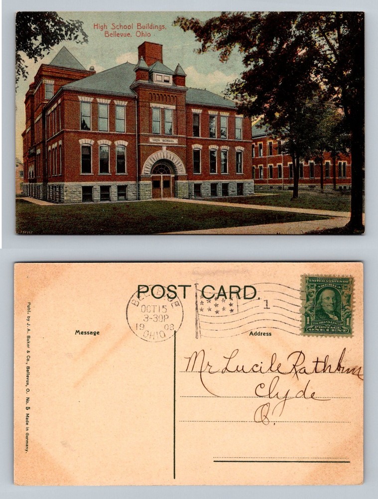 Bellevue, OH-Ohio, High School Red Brick Campus Buildings Vintage c1908 Postcard