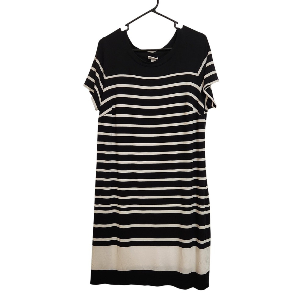 Ava & Viv Black White Striped Stretch Pullover Short Sleeve Midi Shirt Dress XL