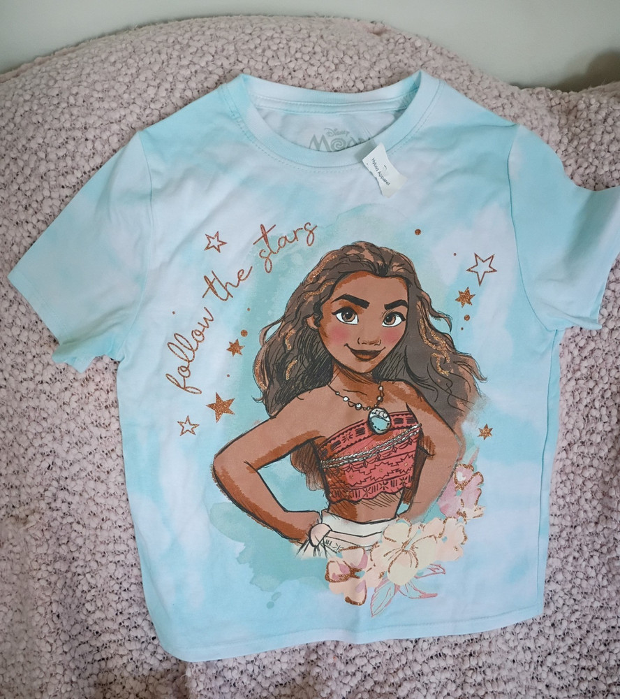 Disney Moana Girls T-Shirt Light Blue Graphic Glitter Size S (5/6)