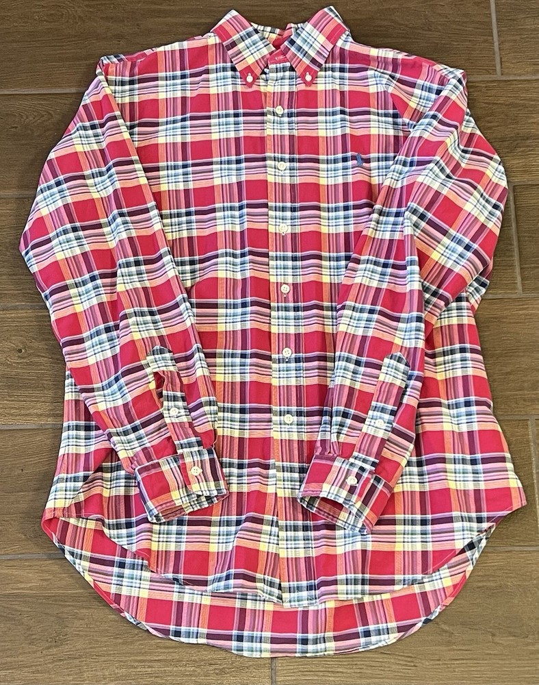 Ralph Lauren Men’s Button Down Blue Pony Size Large Cotton Red/Multicolor Plaid