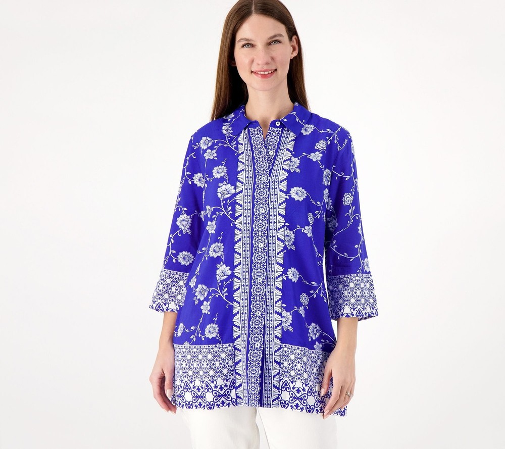Susan Graver Women's Top Petite PXL Passport Printed Rayon Woven Blue A602031