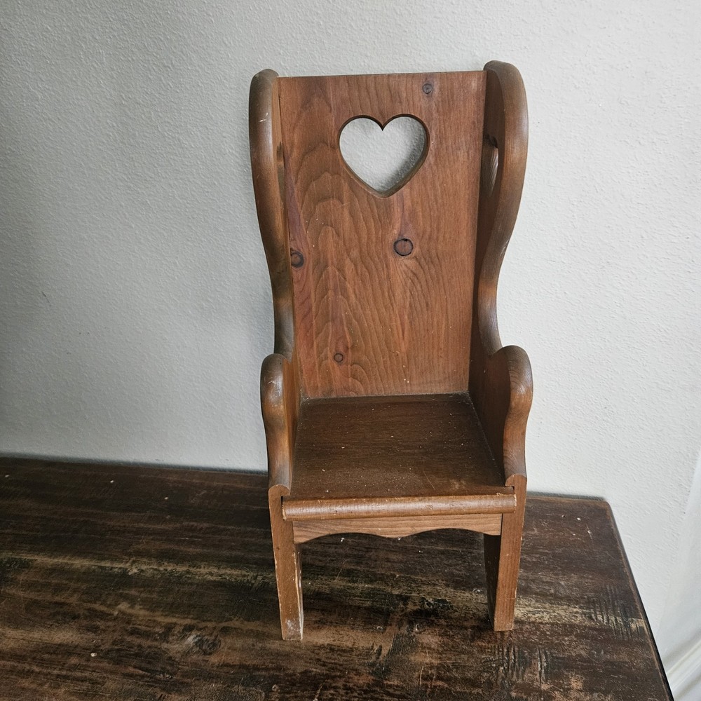Vintage Hand Crafted Solid Wood Heart Pouting Chair Doll Sized stand country