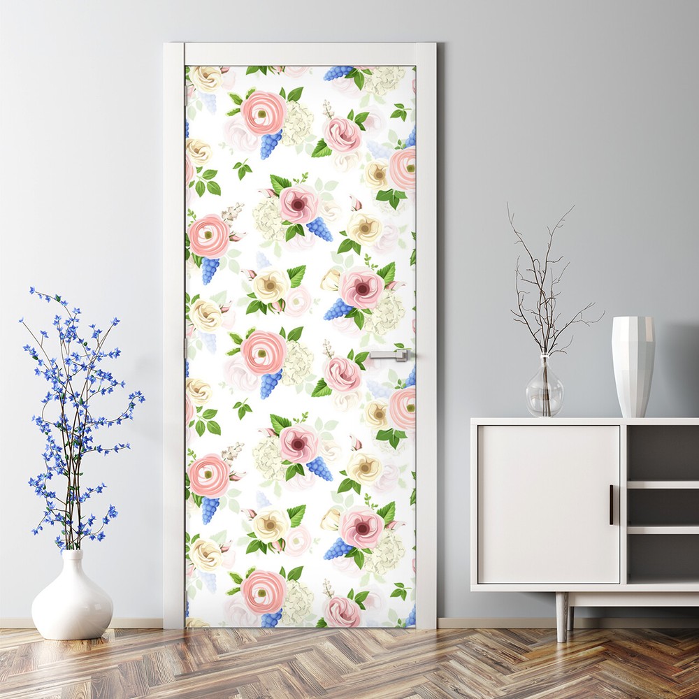 Hand drawn floral bubble free pink door decal reusable self adhesive wallpaper