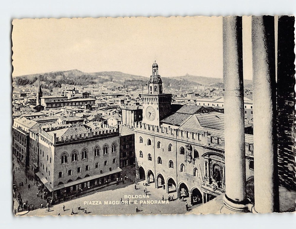 Postcard Panoramic View Piazza Maggiore Bologna Italy