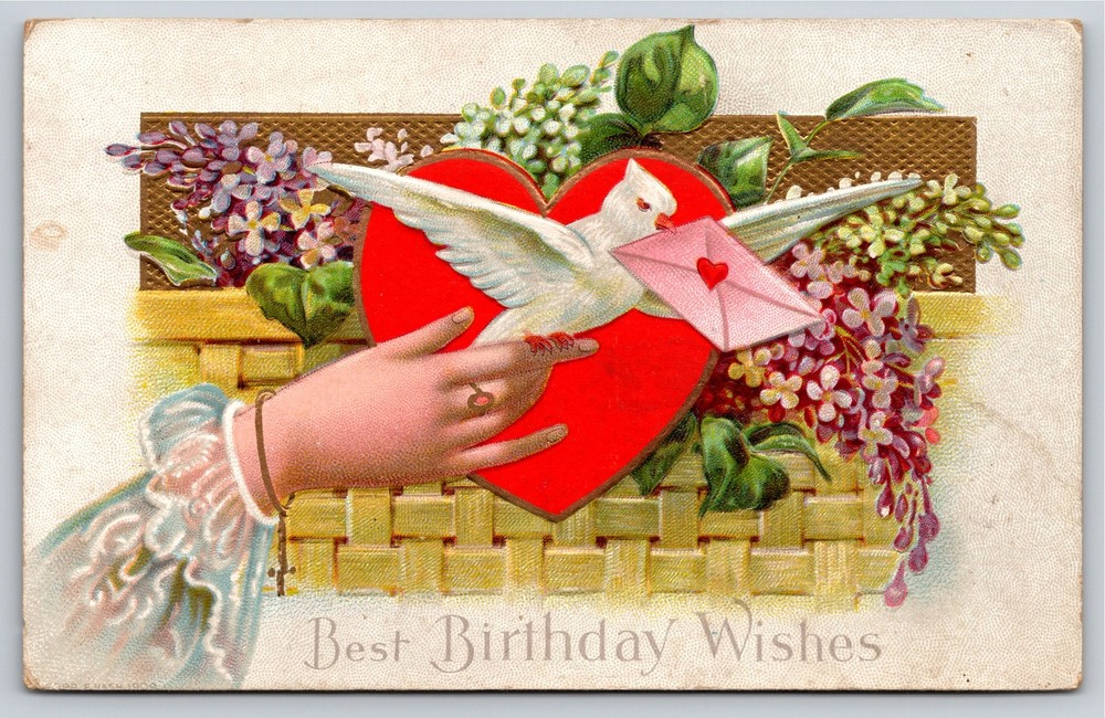 Greetings~Dove On Woman's Hand Violets & Birthday Wishes~Vintage Postcard