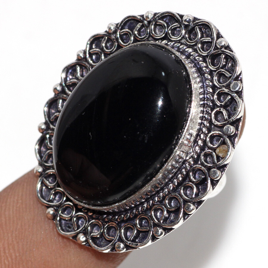 Black Onyx 925 Silver Plated Gemstone Handmade Ring 7.5 Aesthetic Jewellery JW