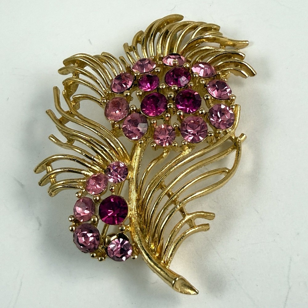 Vintage LISNER Signed Pink Rhinestone Flower Gold Tone Brooch Estate Pin