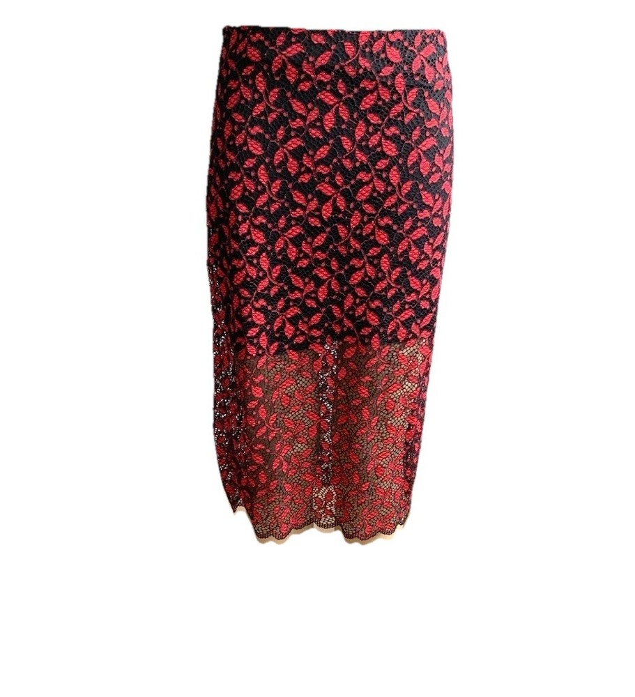 ZARA Red Black Lace Midi Pencil Skirt Size S Floral