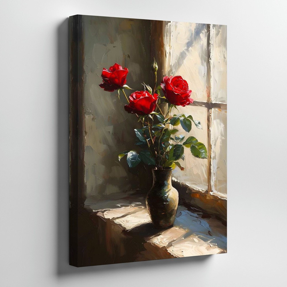 Red Roses In Vase By Window Light Floral Canvas Wall Art Home Decor Print
