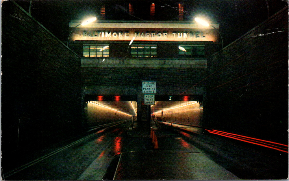 Vintage Postcard Baltimore Harbor Tunnel Maryland Night Scene Entrance